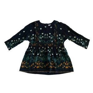 Women 8 Anthropologie Ailanto Yamini Black Floral Print Top Blouse Peplum Tunic